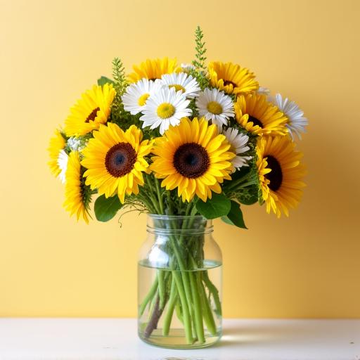 A cheerful bouquet of sunflowers and daisies in a simple vase.