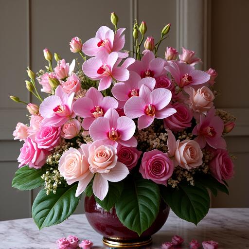 An opulent floral arrangement with orchids, lilies, and premium roses.