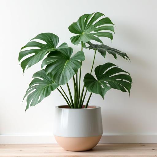 A healthy monstera plant in a modern ceramic pot.