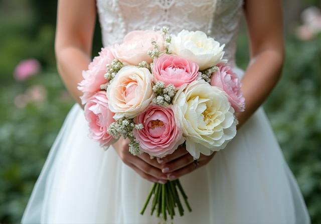 A bride holding a cascading bouquet of peonies and ranunculus.