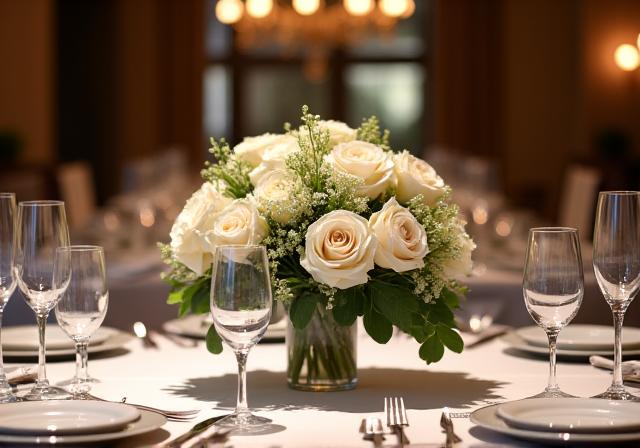 An elegant floral centerpiece on a dining table at a corporate event.