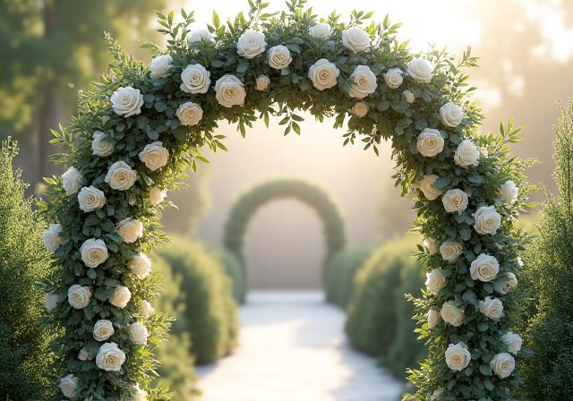 A beautiful wedding arch decorated with white roses and eucalyptus.