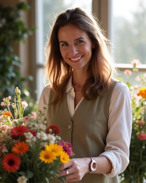 The owner of Blooming Petals Florist arranging a bouquet in her sunlit studio.